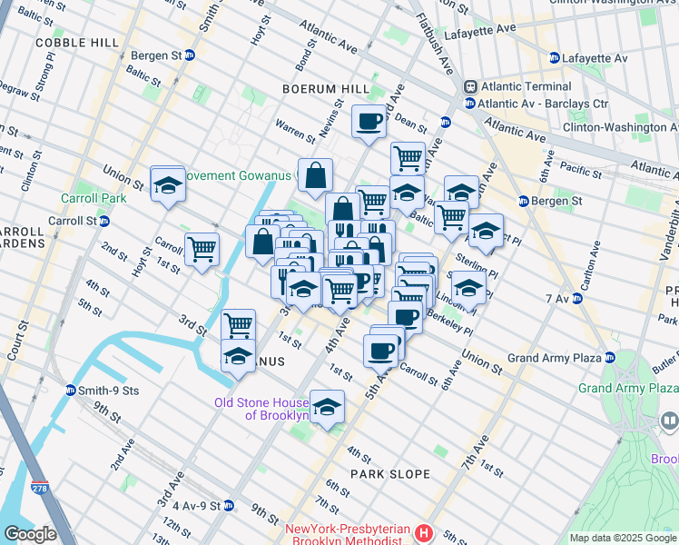 map of restaurants, bars, coffee shops, grocery stores, and more near 625 Union Street in Brooklyn