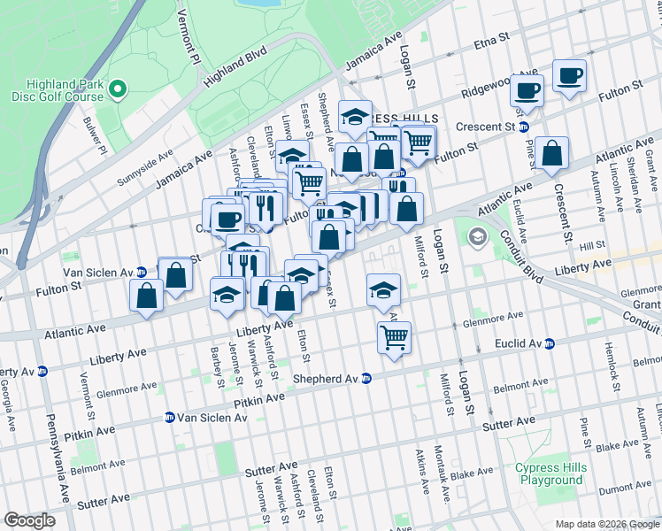 map of restaurants, bars, coffee shops, grocery stores, and more near 260 Shepherd Avenue in Brooklyn