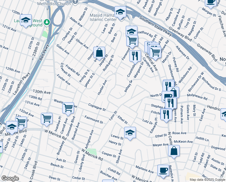map of restaurants, bars, coffee shops, grocery stores, and more near 1115 Fenwood Drive in Valley Stream