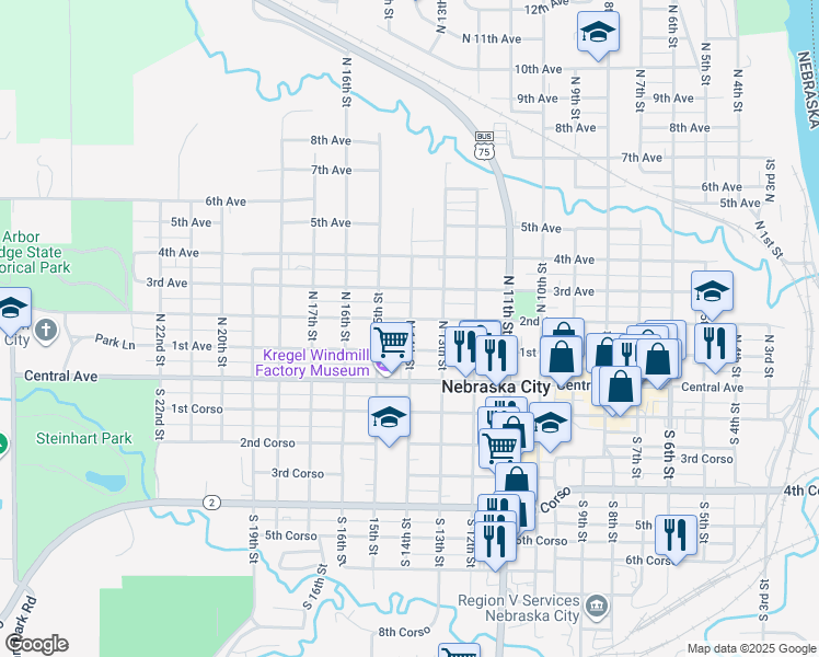 map of restaurants, bars, coffee shops, grocery stores, and more near 1413 2nd Avenue in Nebraska City