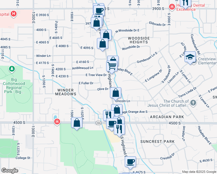 map of restaurants, bars, coffee shops, grocery stores, and more near 4276 Highland Drive in Millcreek
