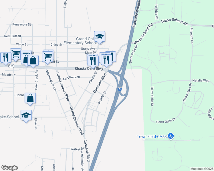 map of restaurants, bars, coffee shops, grocery stores, and more near 5329 2nd Street in Shasta Lake