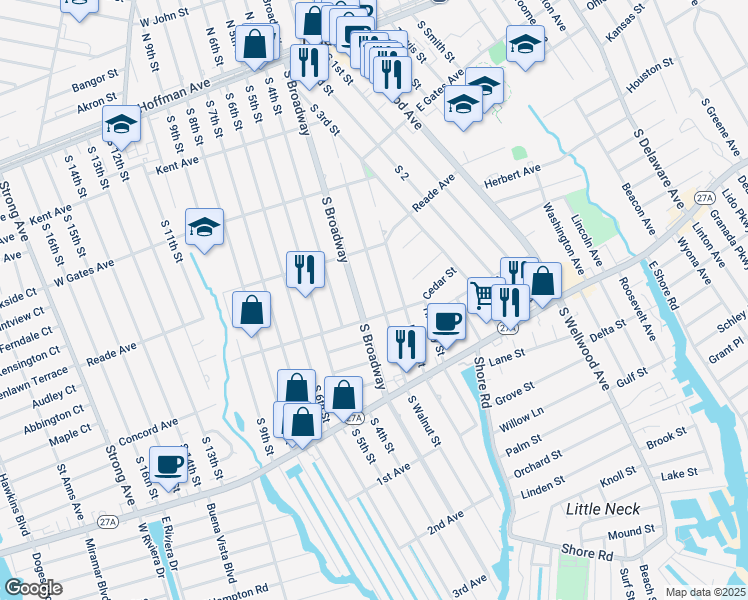 map of restaurants, bars, coffee shops, grocery stores, and more near 466 South Broadway in Lindenhurst