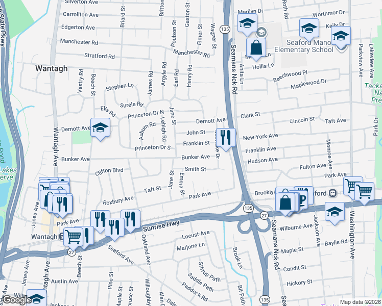 map of restaurants, bars, coffee shops, grocery stores, and more near 3632 Franklin Street in Wantagh