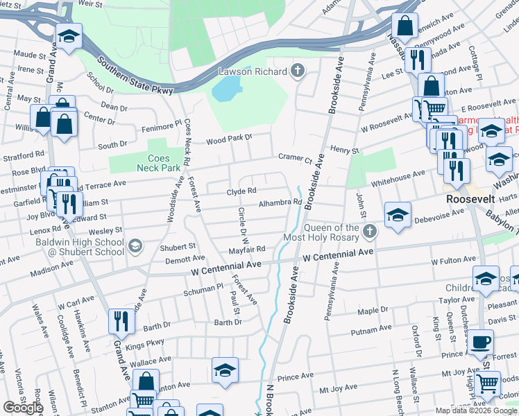map of restaurants, bars, coffee shops, grocery stores, and more near 1045 Alhambra Road in Baldwin