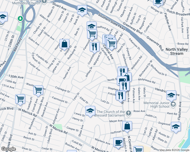 map of restaurants, bars, coffee shops, grocery stores, and more near 34 Ridgewood Street in Valley Stream