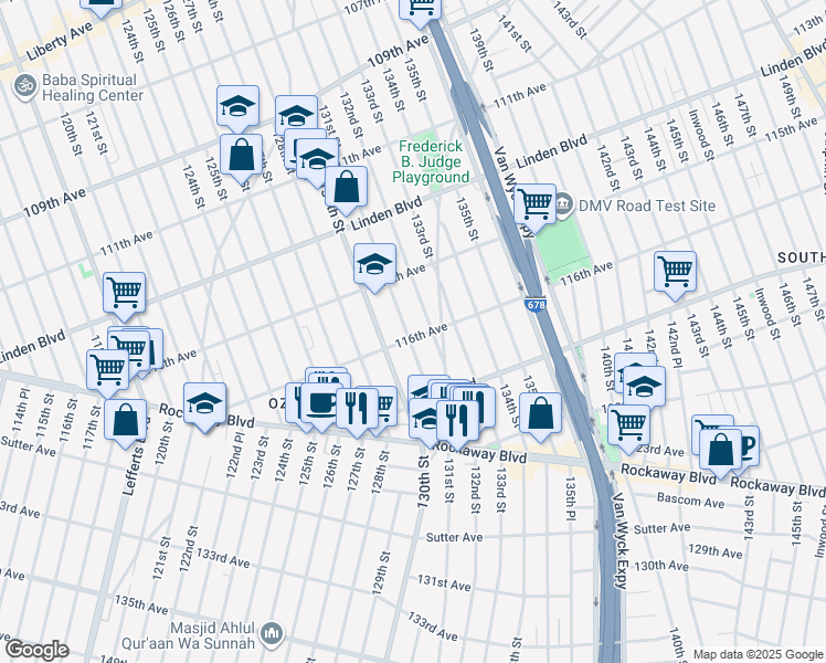 map of restaurants, bars, coffee shops, grocery stores, and more near 115-45 131st Street in Queens