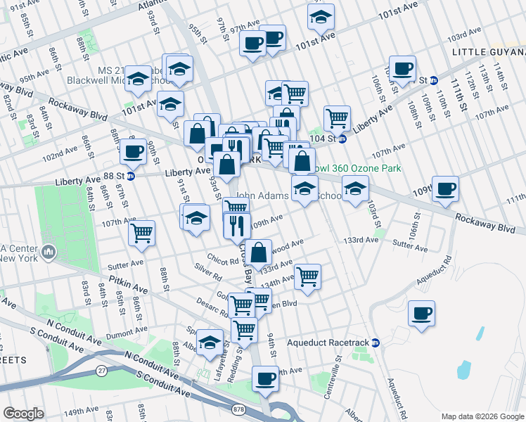map of restaurants, bars, coffee shops, grocery stores, and more near 107-23 96th Street in Queens