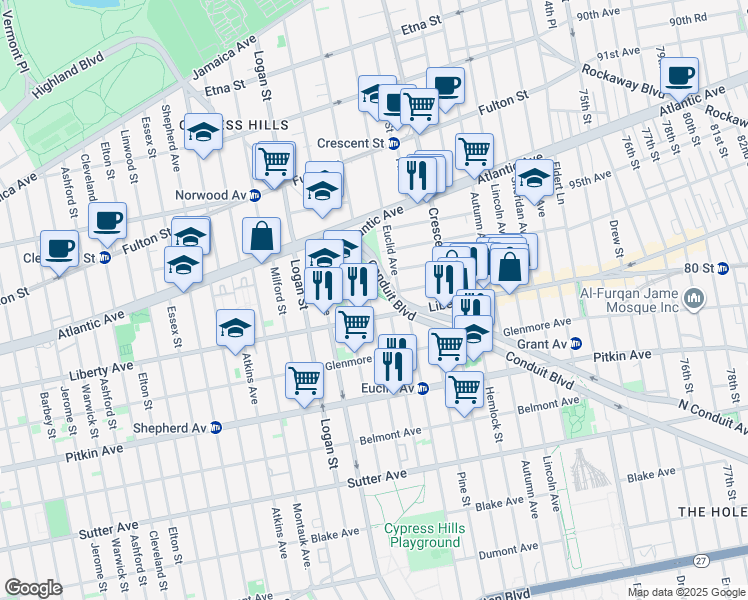 map of restaurants, bars, coffee shops, grocery stores, and more near 361 Chestnut Street in Brooklyn