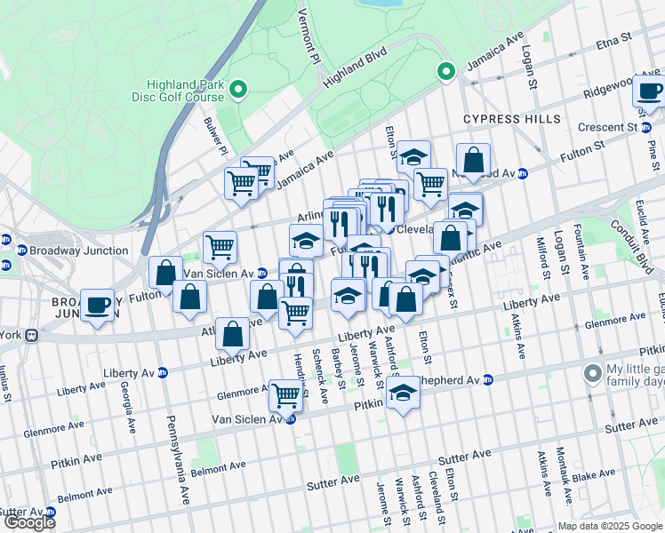 map of restaurants, bars, coffee shops, grocery stores, and more near 2876 Fulton Street in Brooklyn