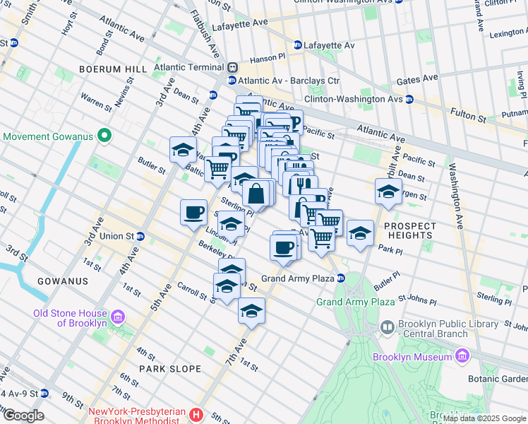 map of restaurants, bars, coffee shops, grocery stores, and more near 80 Park Place in Brooklyn