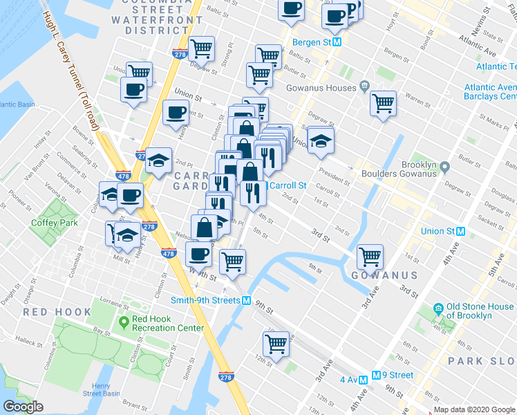 map of restaurants, bars, coffee shops, grocery stores, and more near 123 3rd Place in Brooklyn