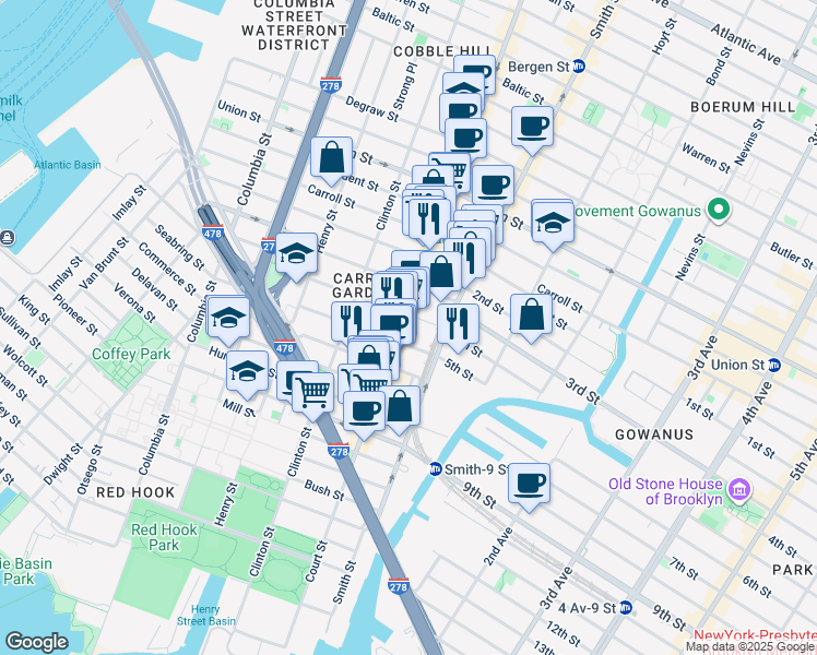 map of restaurants, bars, coffee shops, grocery stores, and more near 429 Court Street in Brooklyn