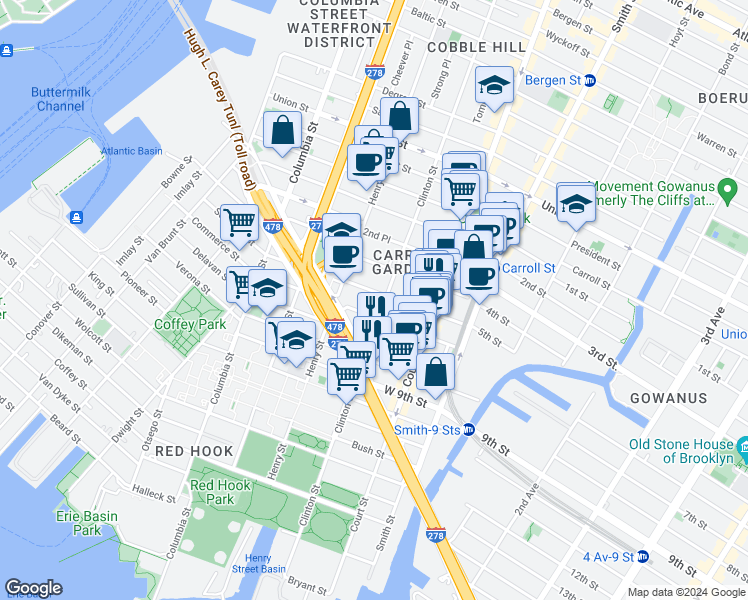 map of restaurants, bars, coffee shops, grocery stores, and more near 28 4th Place in Brooklyn