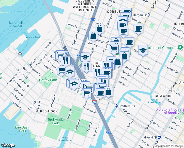 map of restaurants, bars, coffee shops, grocery stores, and more near 28 4th Place in Brooklyn