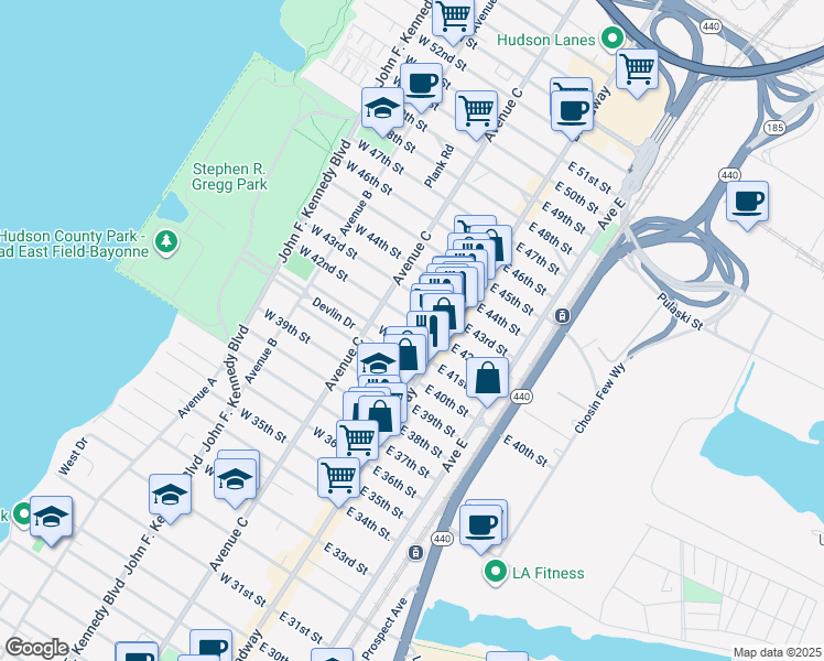 map of restaurants, bars, coffee shops, grocery stores, and more near 26-28 East 42nd Street in Bayonne