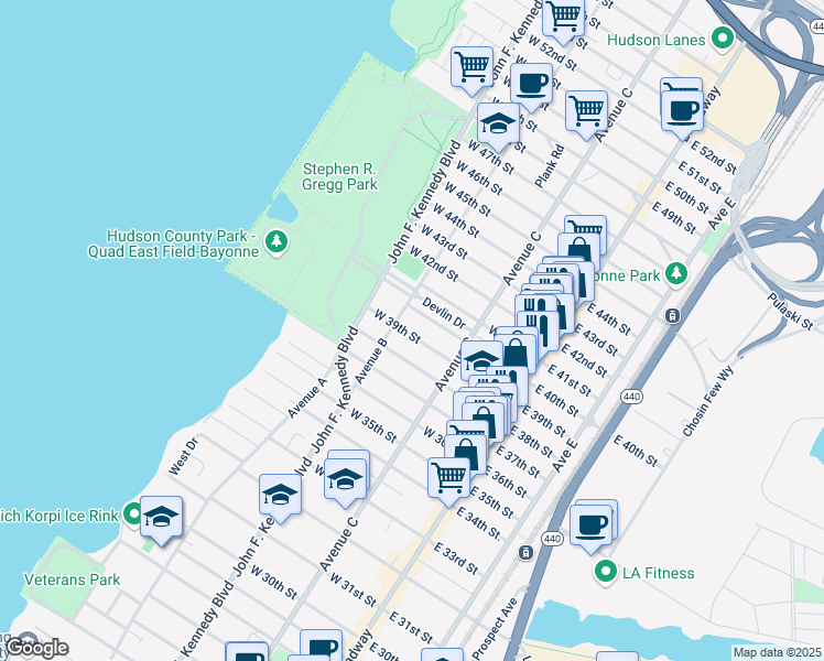 map of restaurants, bars, coffee shops, grocery stores, and more near 103 West 39th Street in Bayonne