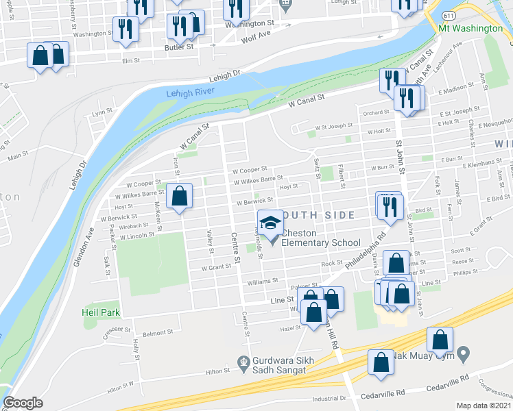map of restaurants, bars, coffee shops, grocery stores, and more near 530 West Berwick Street in Easton