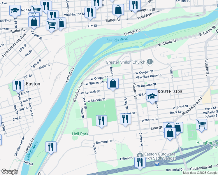 map of restaurants, bars, coffee shops, grocery stores, and more near 927 West Berwick Street in Easton