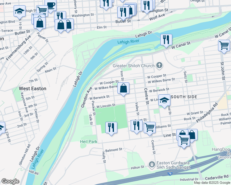 map of restaurants, bars, coffee shops, grocery stores, and more near 927 West Berwick Street in Easton