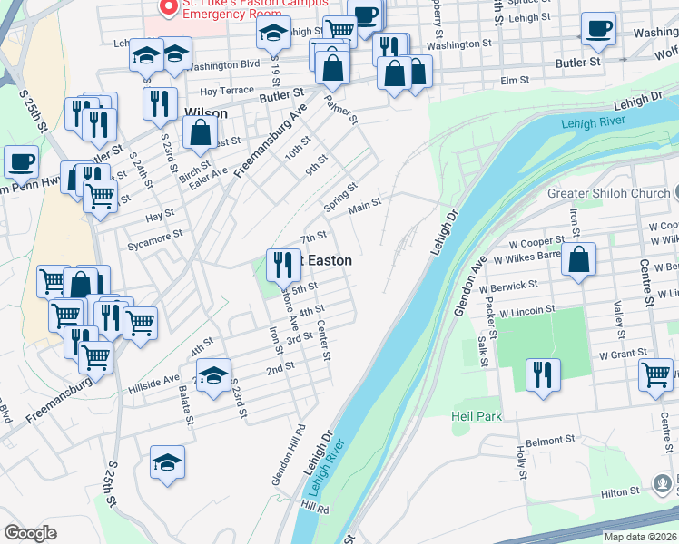 map of restaurants, bars, coffee shops, grocery stores, and more near 201 5th Street in Easton