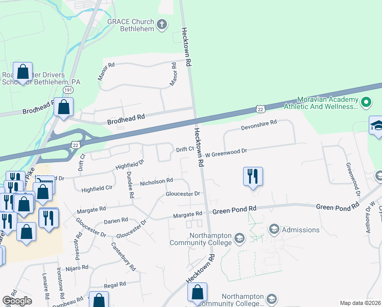 map of restaurants, bars, coffee shops, grocery stores, and more near 3931 Fairfax Road in Bethlehem