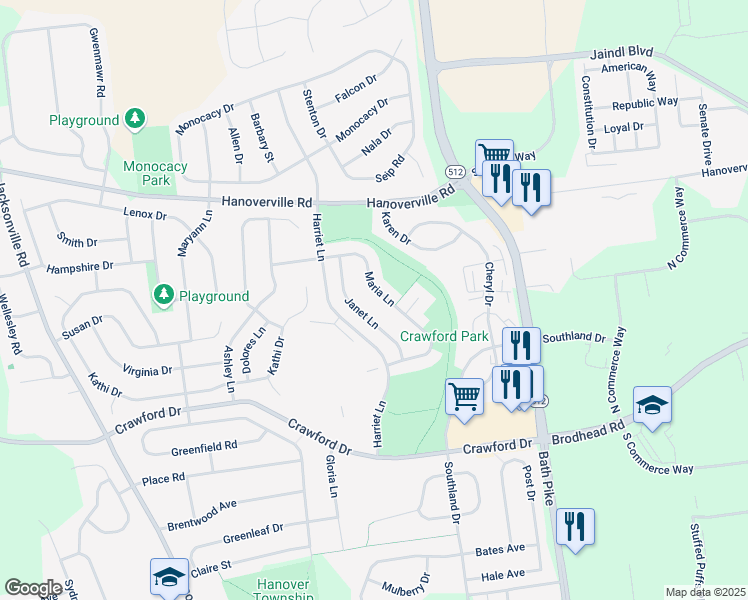 map of restaurants, bars, coffee shops, grocery stores, and more near 4040 Maria Lane in Bethlehem