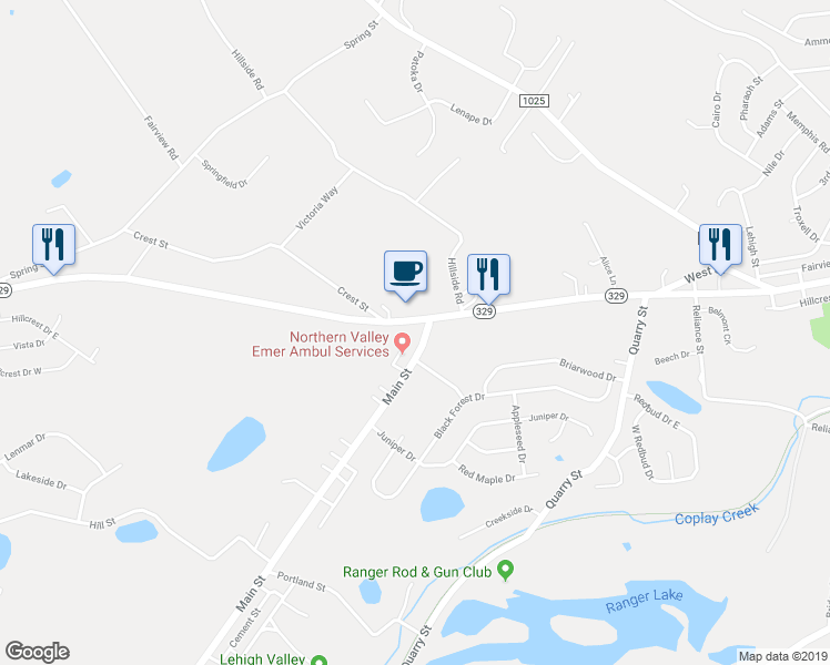 map of restaurants, bars, coffee shops, grocery stores, and more near 2354 Old Post Road in Coplay