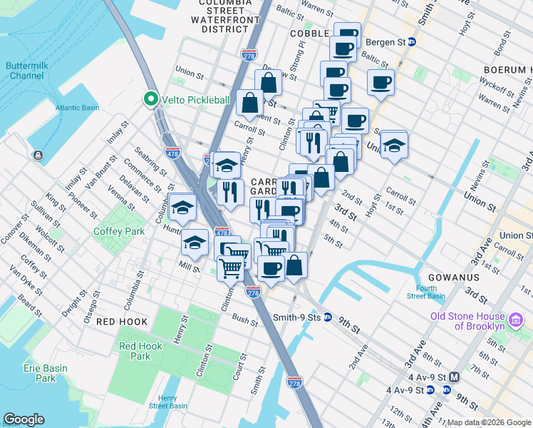 map of restaurants, bars, coffee shops, grocery stores, and more near 4th Place in Brooklyn