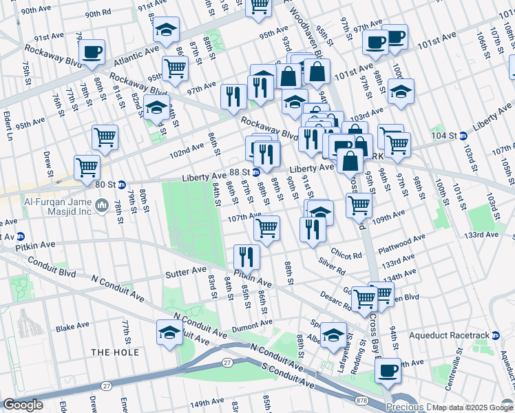 map of restaurants, bars, coffee shops, grocery stores, and more near 105-50 87th Street in Queens
