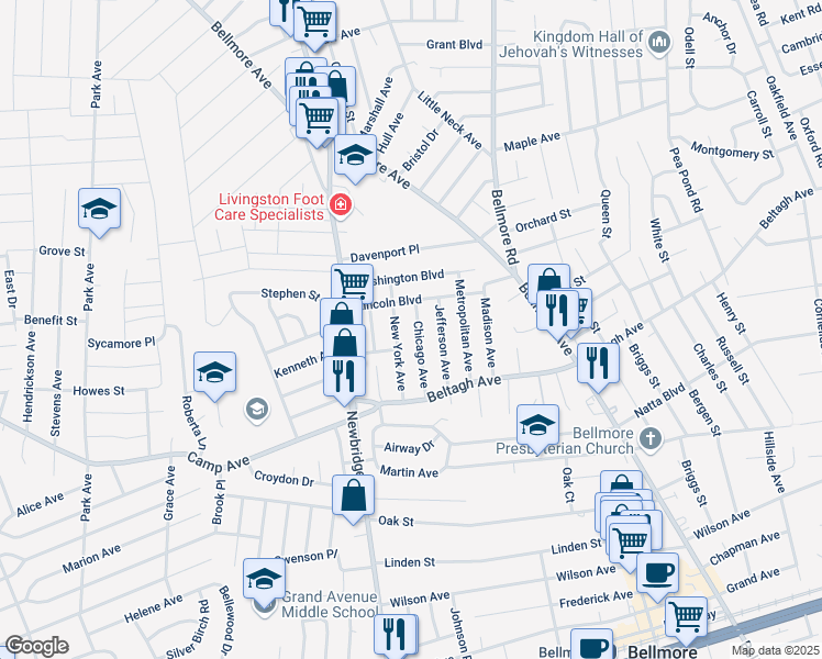 map of restaurants, bars, coffee shops, grocery stores, and more near 1817 New York Avenue in North Bellmore
