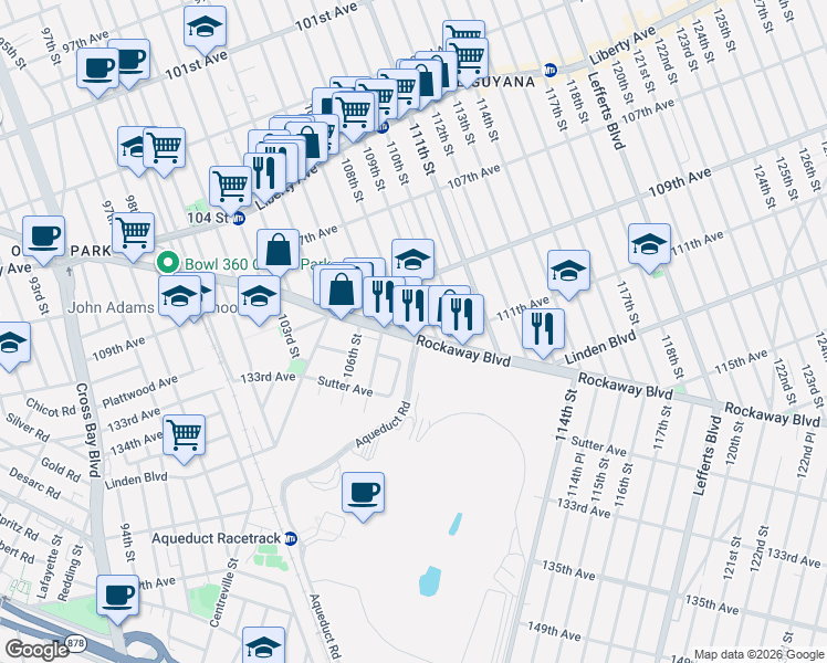 map of restaurants, bars, coffee shops, grocery stores, and more near 107-15 Rockaway Boulevard in Queens