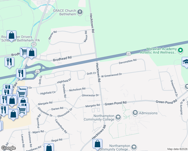 map of restaurants, bars, coffee shops, grocery stores, and more near 3931 Fairfax Road in Bethlehem