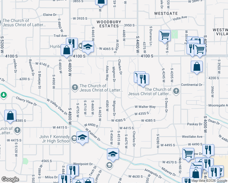 map of restaurants, bars, coffee shops, grocery stores, and more near Mignon Drive in West Valley City