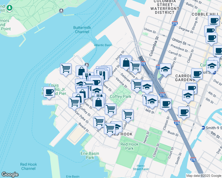map of restaurants, bars, coffee shops, grocery stores, and more near 102 Pioneer Street in Brooklyn