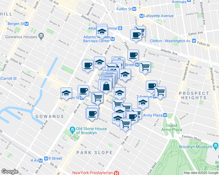 map of restaurants, bars, coffee shops, grocery stores, and more near 5th Ave & Douglass St in Brooklyn