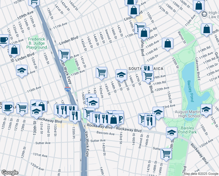 map of restaurants, bars, coffee shops, grocery stores, and more near 117-29 143rd Street in Queens