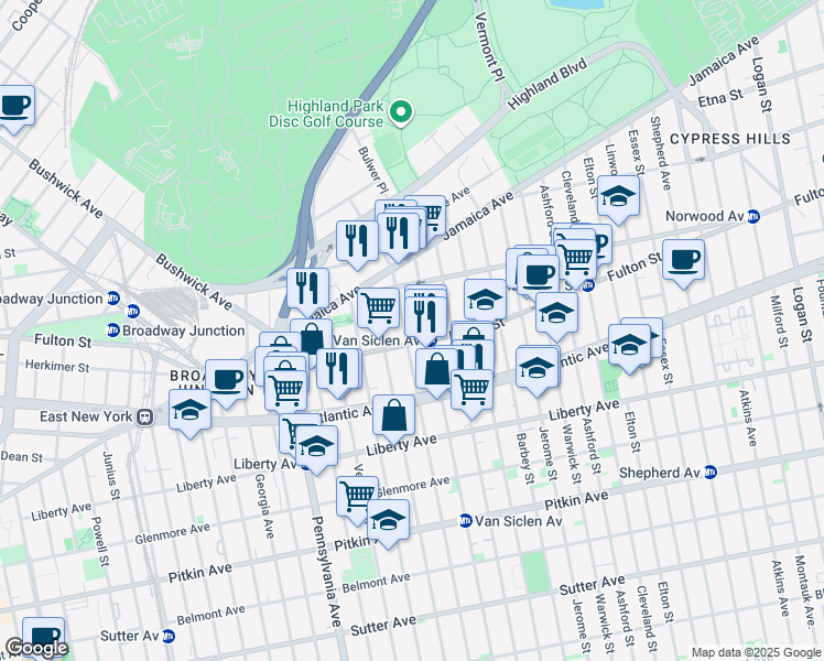 map of restaurants, bars, coffee shops, grocery stores, and more near 118 Miller Avenue in Brooklyn