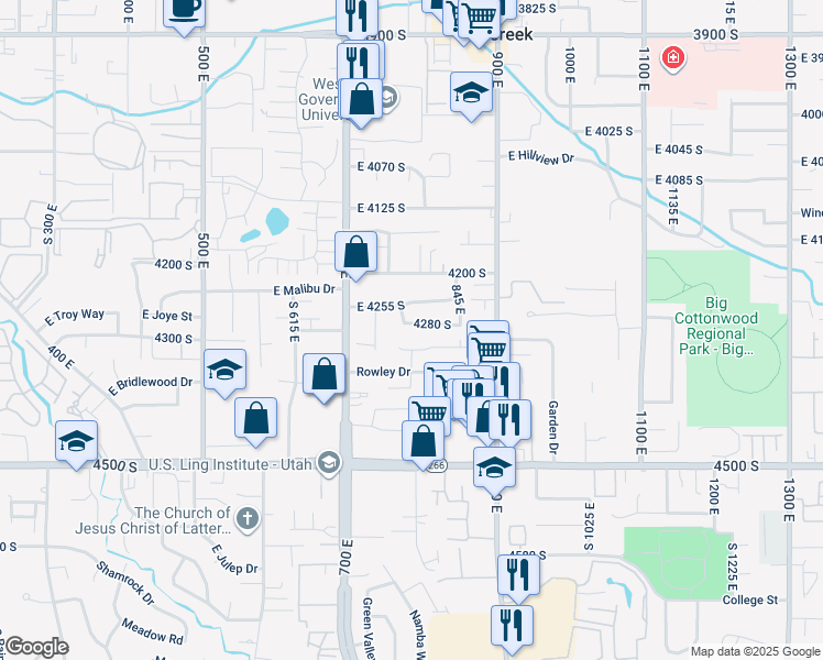 map of restaurants, bars, coffee shops, grocery stores, and more near 776 4280 South in Murray