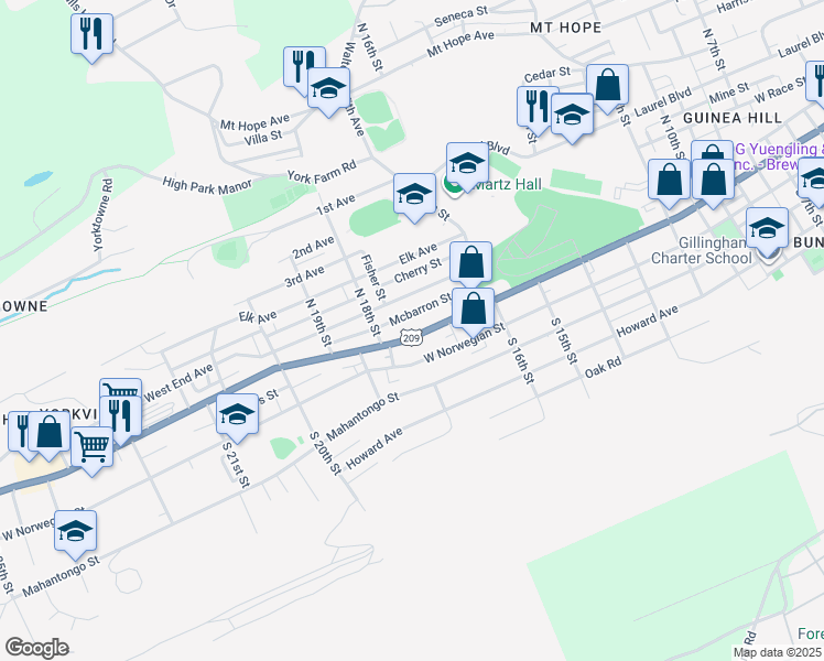 map of restaurants, bars, coffee shops, grocery stores, and more near 1734 West Market Street in Pottsville