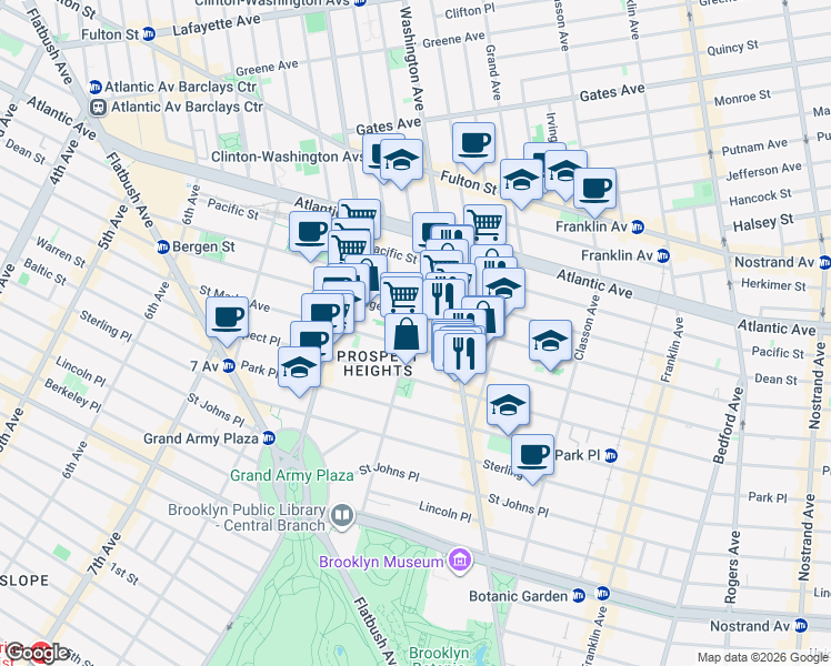 map of restaurants, bars, coffee shops, grocery stores, and more near 720 Bergen Street in Brooklyn