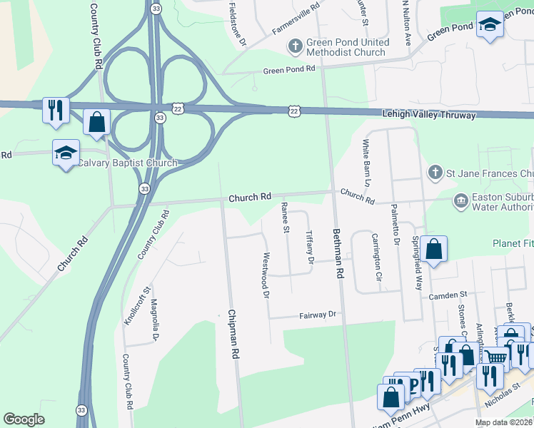 map of restaurants, bars, coffee shops, grocery stores, and more near 3660 Westwood Drive in Easton