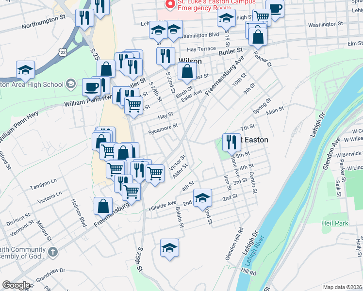map of restaurants, bars, coffee shops, grocery stores, and more near 2400 Freemansburg Avenue in Easton