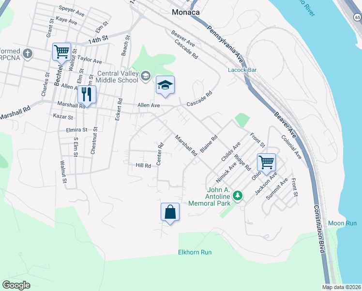 map of restaurants, bars, coffee shops, grocery stores, and more near 2012 Marshall Road in Monaca