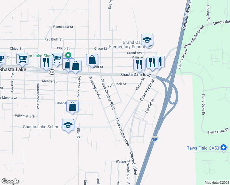 map of restaurants, bars, coffee shops, grocery stores, and more near 1832 Oregon Avenue in Shasta Lake