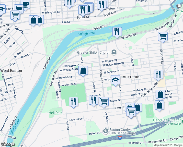 map of restaurants, bars, coffee shops, grocery stores, and more near 801 West Berwick Street in Easton