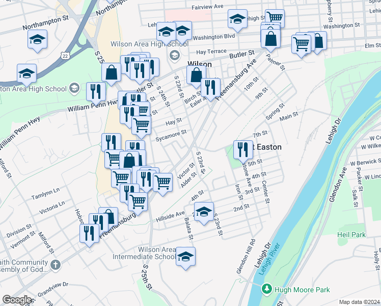 map of restaurants, bars, coffee shops, grocery stores, and more near 2400 Freemansburg Avenue in Easton