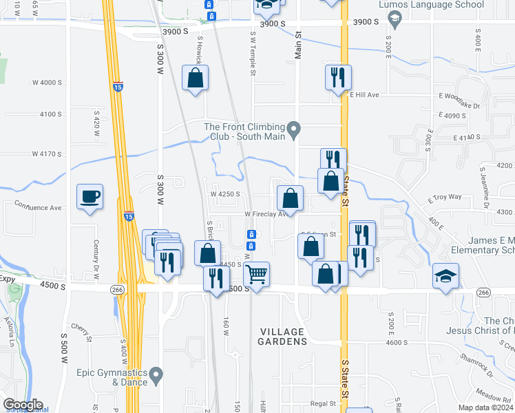 map of restaurants, bars, coffee shops, grocery stores, and more near 62 West Fireclay Avenue in Murray