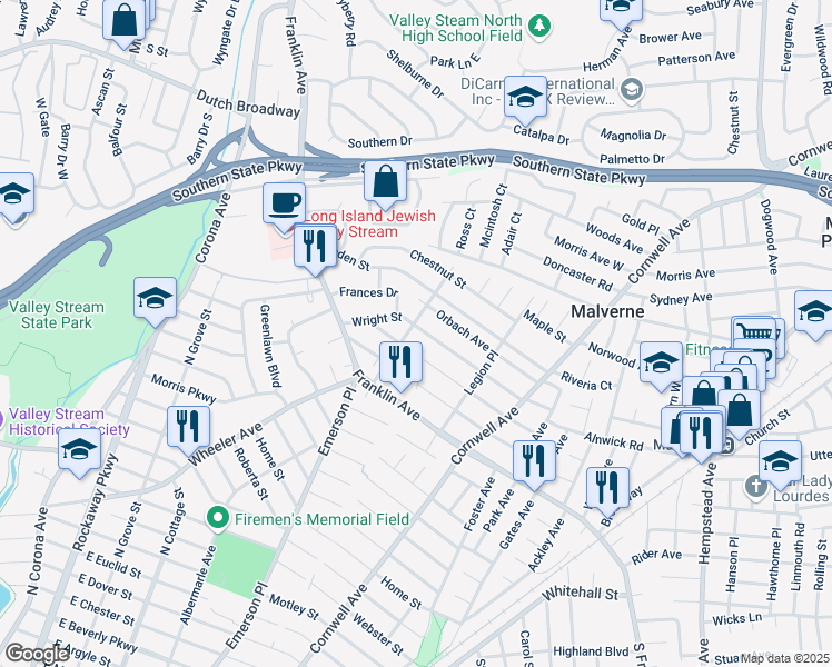 map of restaurants, bars, coffee shops, grocery stores, and more near 1180 Ambrose Avenue in Valley Stream