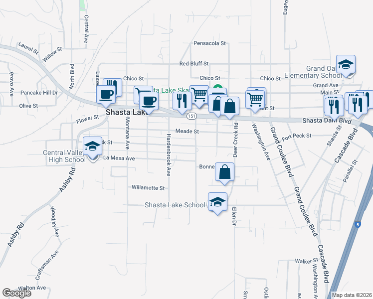 map of restaurants, bars, coffee shops, grocery stores, and more near 4444 Fort Peck Street in Shasta Lake